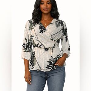 Rayon Wrap Leaf Print Top Monroe & Main Blouse Ivory Olive Top Tie Front size L
